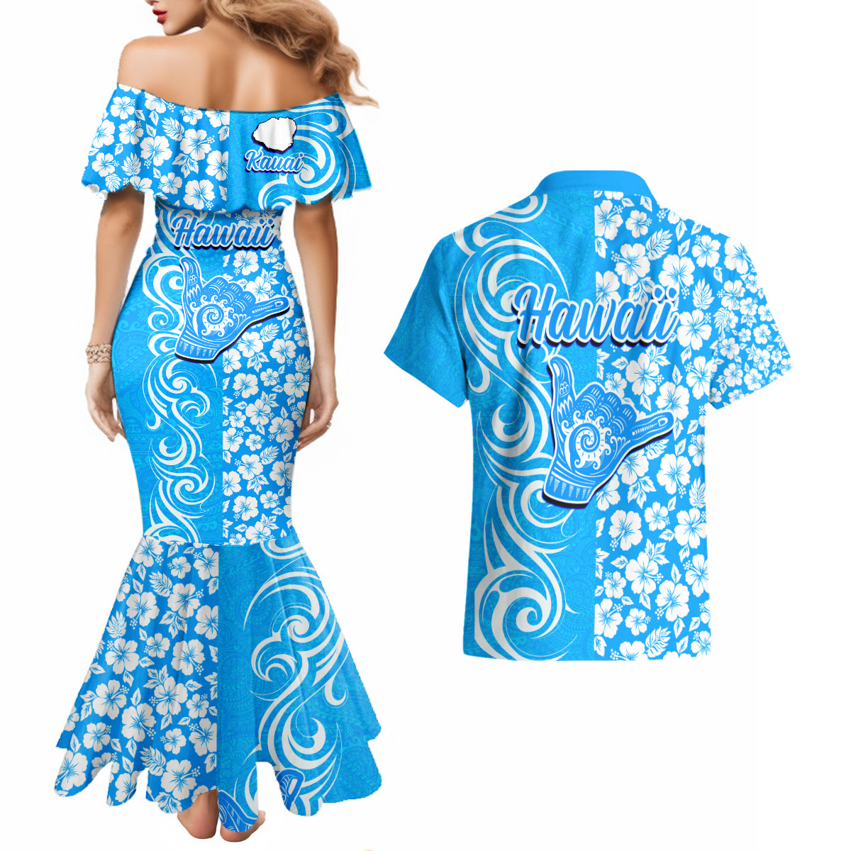 Hawaii Kauai Island Couples Matching Mermaid Dress and Hawaiian Shirt Hibiscus Pattern Seamless Tribal Simple Blue LT03 - Polynesian Pride