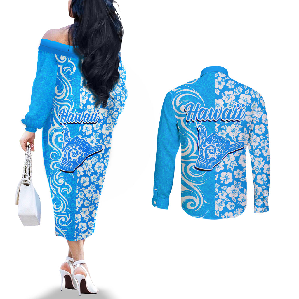 Hawaii Kauai Island Couples Matching Off The Shoulder Long Sleeve Dress and Long Sleeve Button Shirts Hibiscus Pattern Seamless Tribal Simple Blue LT03 - Polynesian Pride