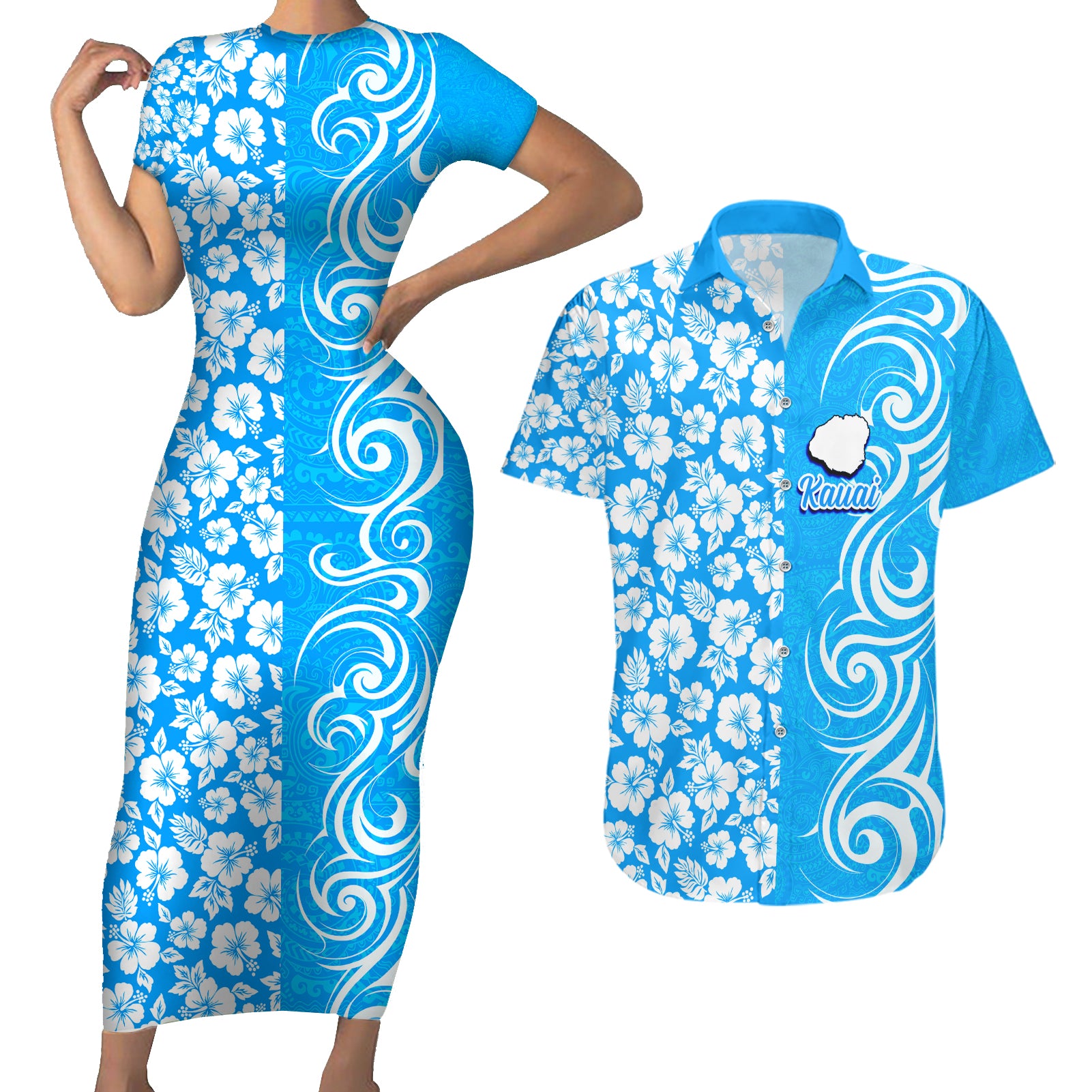 Hawaii Kauai Island Couples Matching Short Sleeve Bodycon Dress and Hawaiian Shirt Hibiscus Pattern Seamless Tribal Simple Blue LT03 Blue - Polynesian Pride