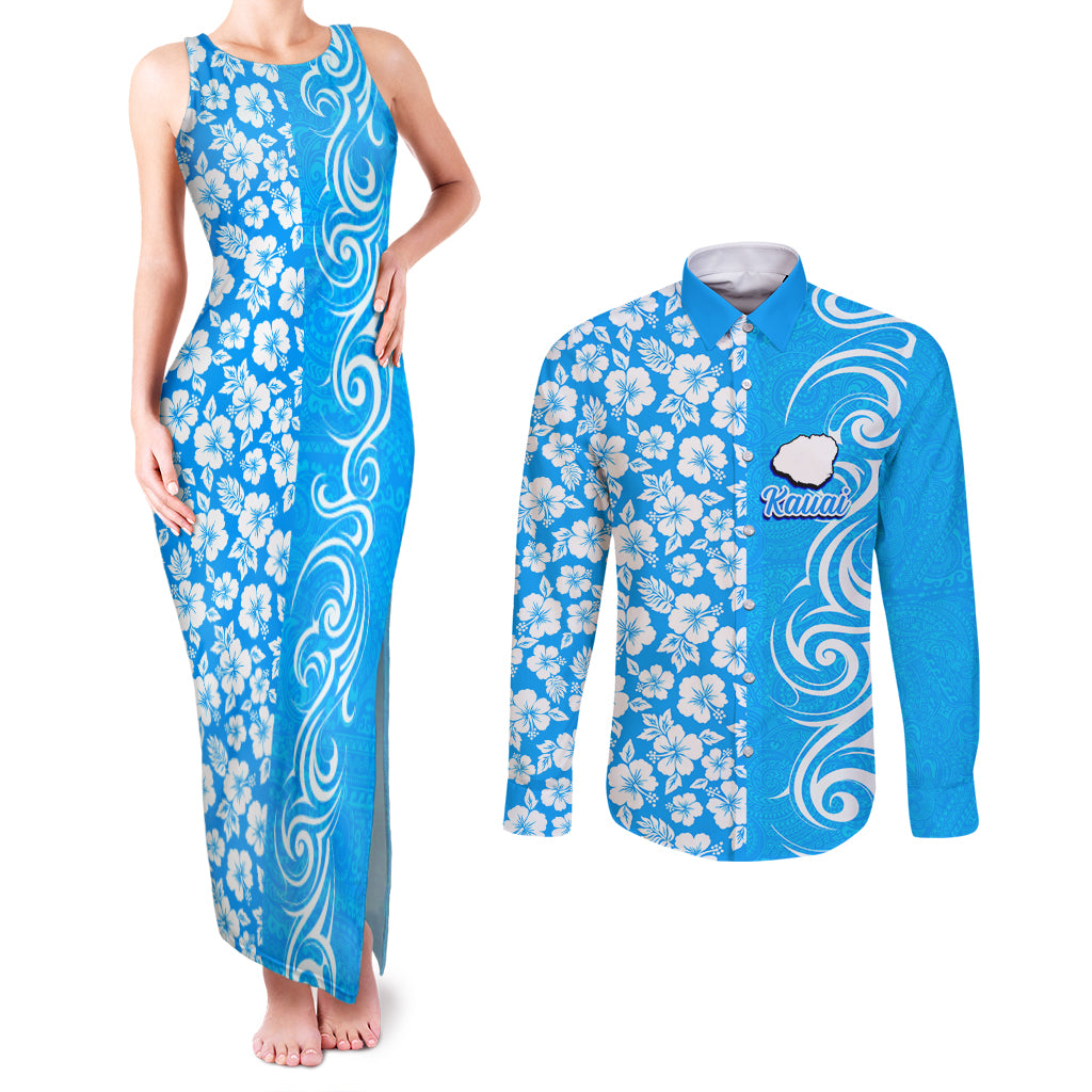 Hawaii Kauai Island Couples Matching Tank Maxi Dress and Long Sleeve Button Shirts Hibiscus Pattern Seamless Tribal Simple Blue LT03 Blue - Polynesian Pride