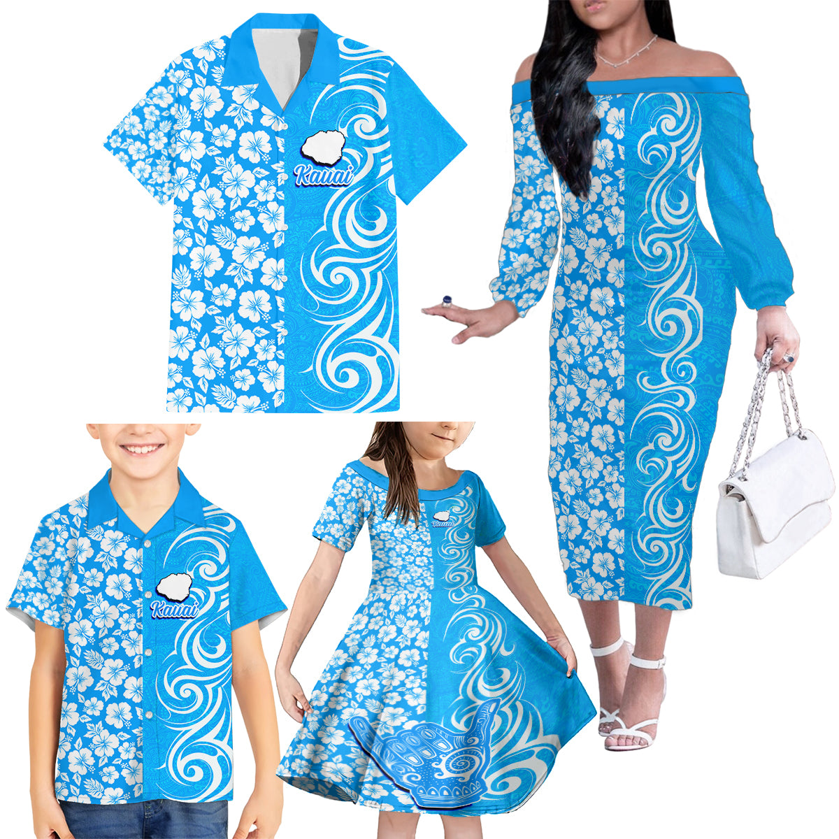 Hawaii Kauai Island Family Matching Off Shoulder Long Sleeve Dress and Hawaiian Shirt Hibiscus Pattern Seamless Tribal Simple Blue LT03 - Polynesian Pride