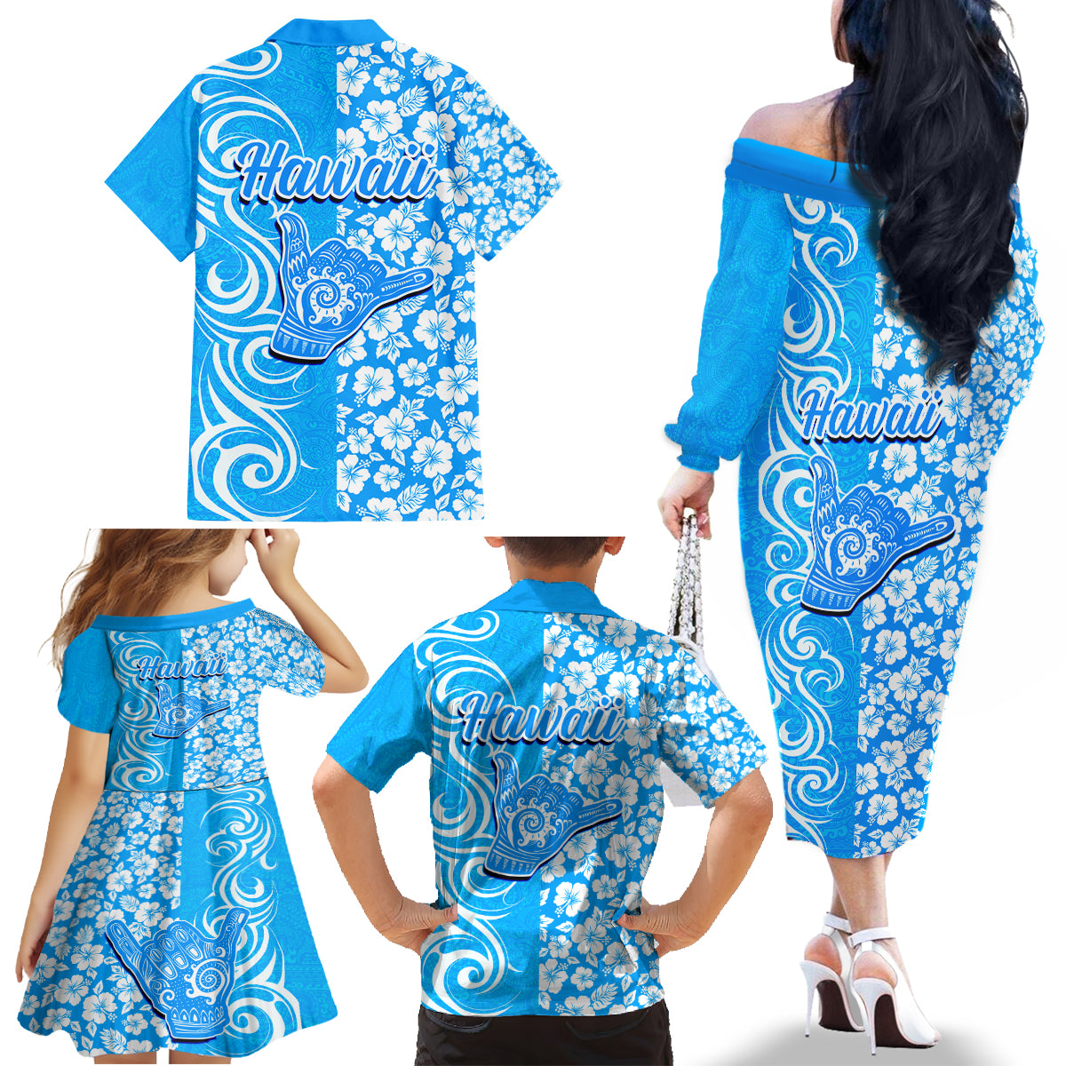 Hawaii Kauai Island Family Matching Off Shoulder Long Sleeve Dress and Hawaiian Shirt Hibiscus Pattern Seamless Tribal Simple Blue LT03 - Polynesian Pride