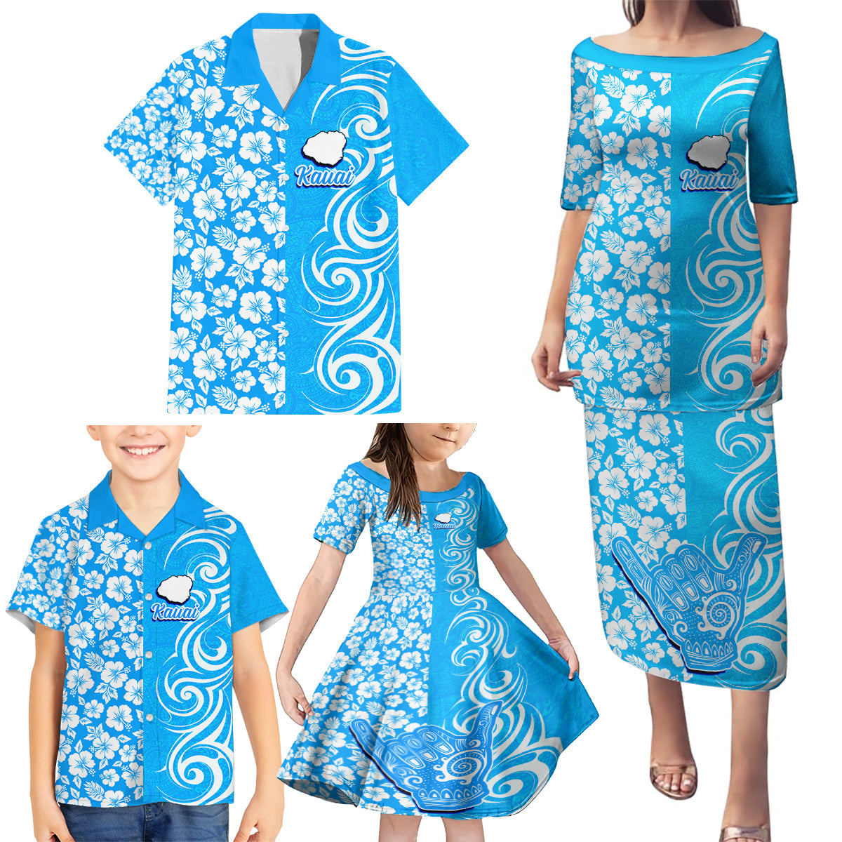 Hawaii Kauai Island Family Matching Puletasi Dress and Hawaiian Shirt Hibiscus Pattern Seamless Tribal Simple Blue LT03 - Polynesian Pride