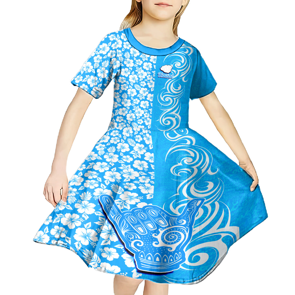 Hawaii Kauai Island Kid Short Sleeve Dress Hibiscus Pattern Seamless Tribal Simple Blue LT03 - Polynesian Pride