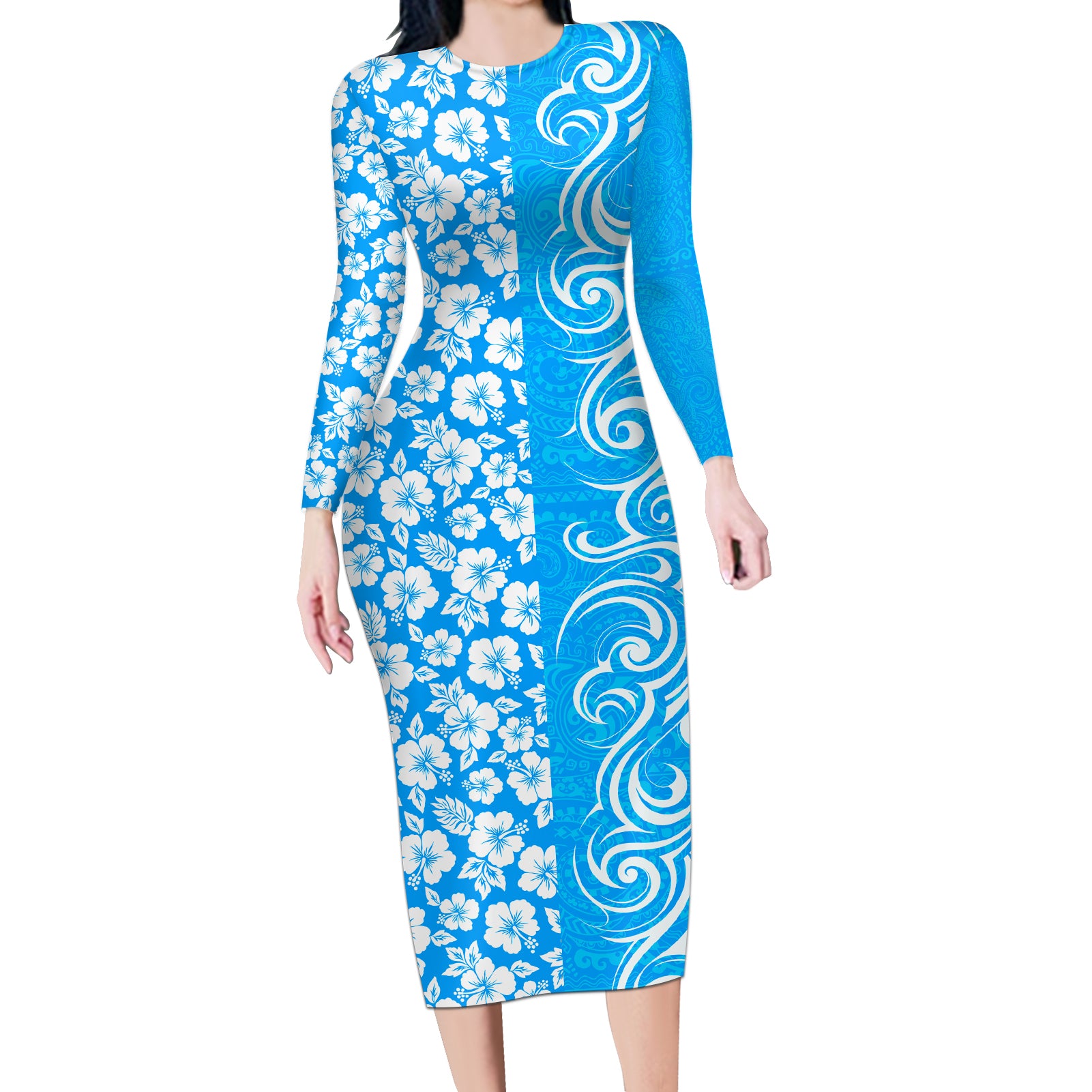 Hawaii Kauai Island Long Sleeve Bodycon Dress Hibiscus Pattern Seamless Tribal Simple Blue LT03 Long Dress Blue - Polynesian Pride