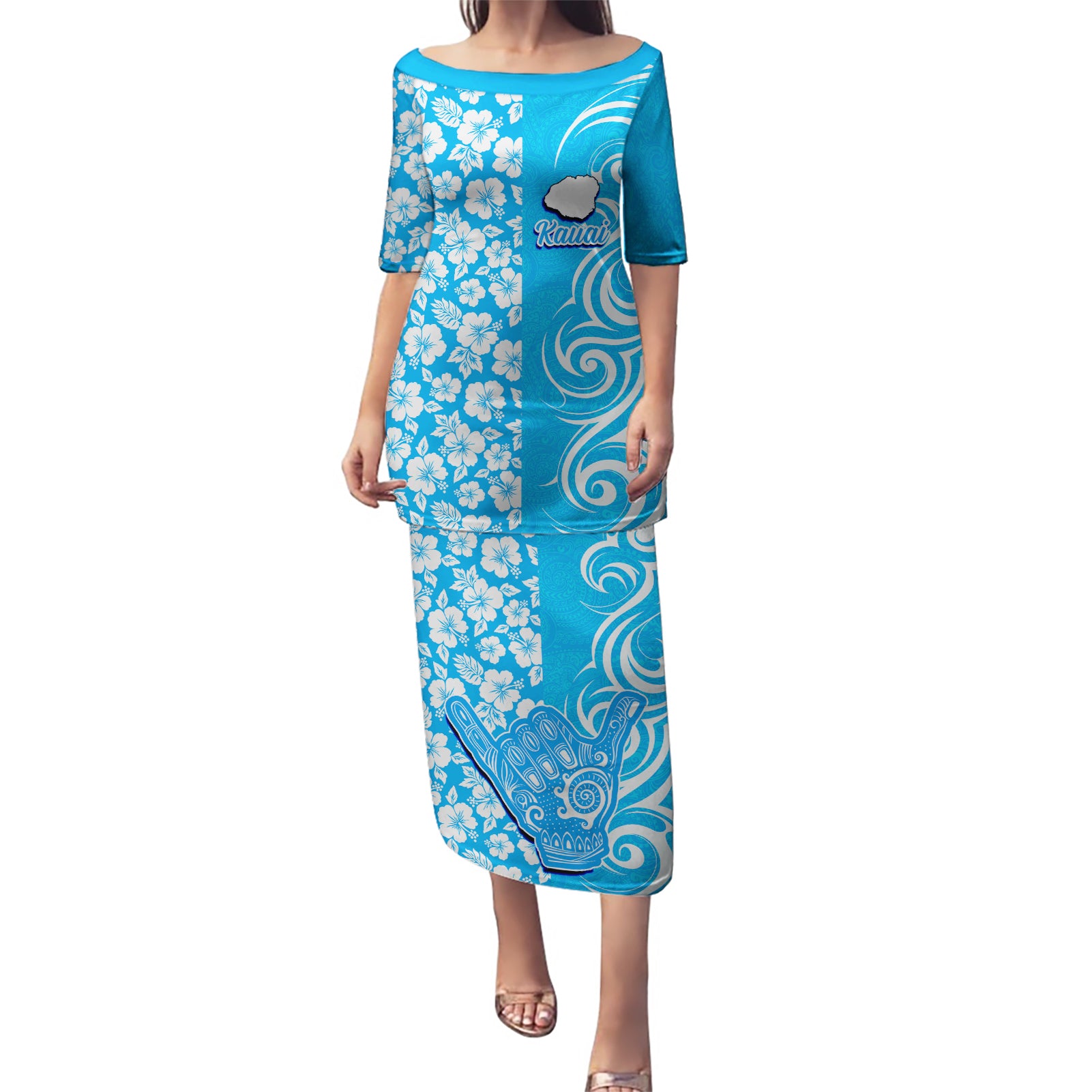 Hawaii Kauai Island Puletasi Hibiscus Pattern Seamless Tribal Simple Blue LT03 Long Dress Blue - Polynesian Pride