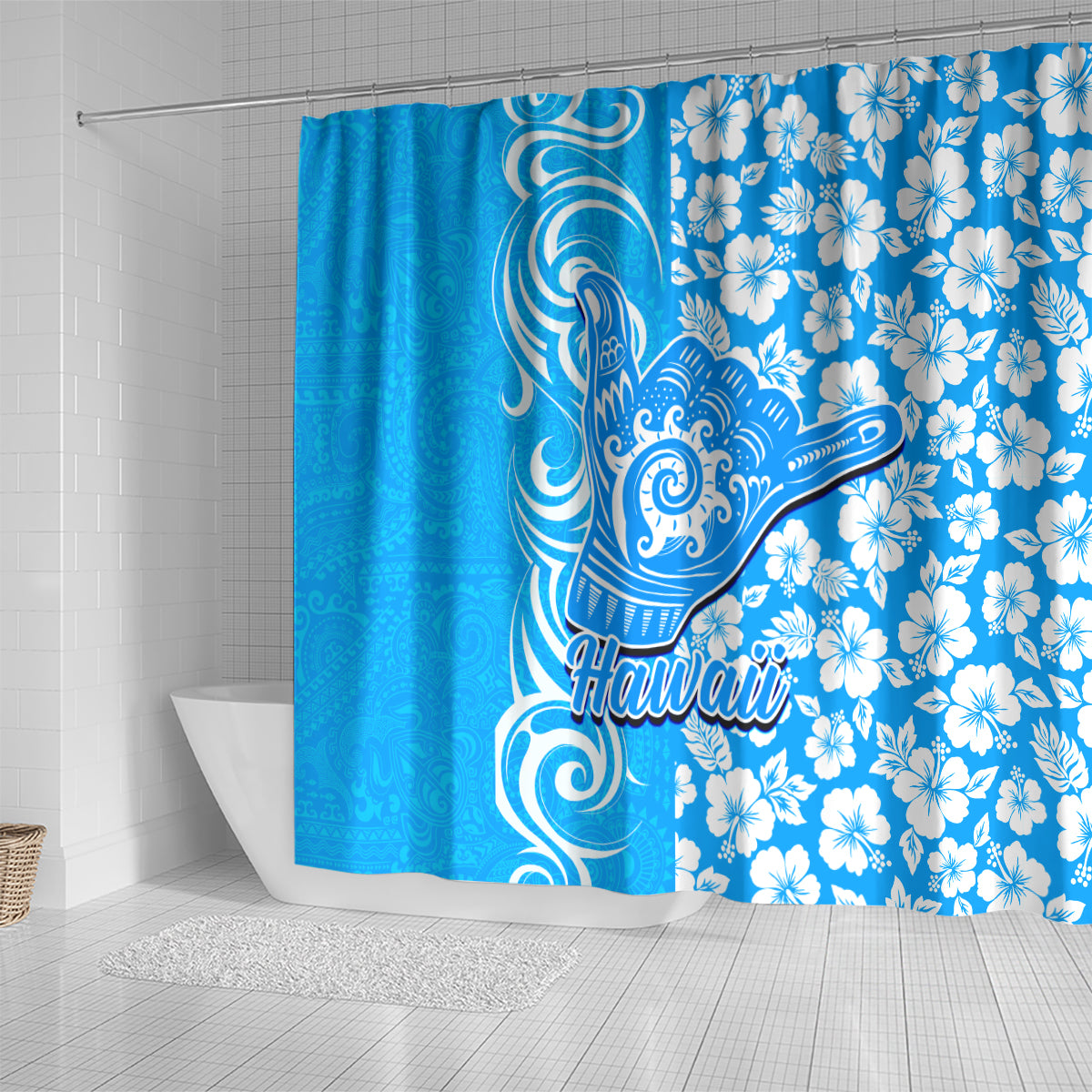 Hawaii Kauai Island Shower Curtain Hibiscus Pattern Seamless Tribal Simple Blue LT03 - Polynesian Pride