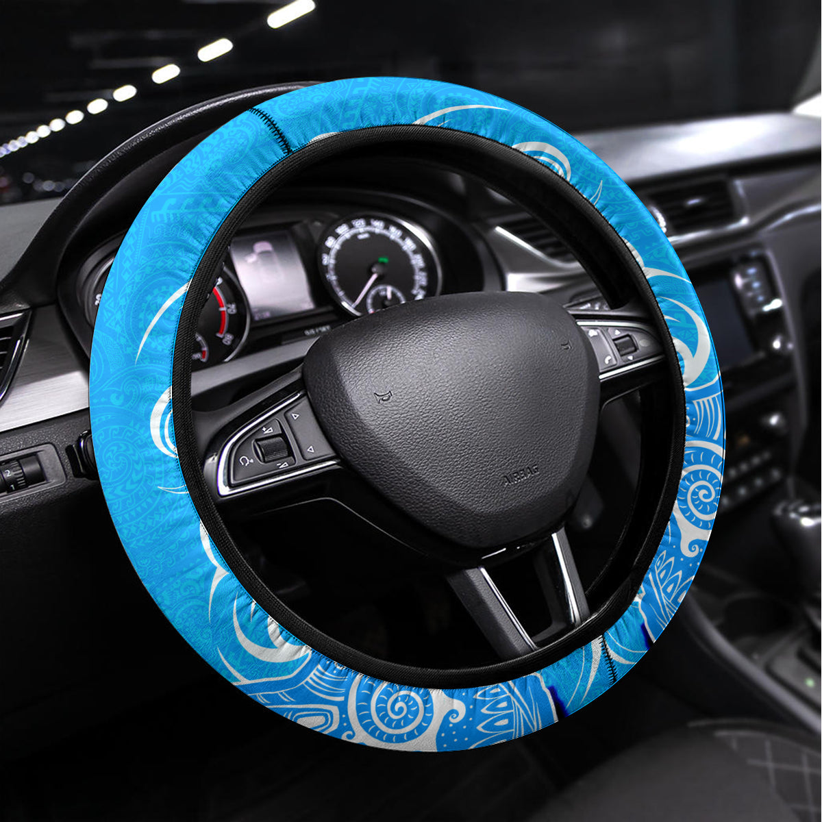 Hawaii Kauai Island Steering Wheel Cover Hibiscus Pattern Seamless Tribal Simple Blue