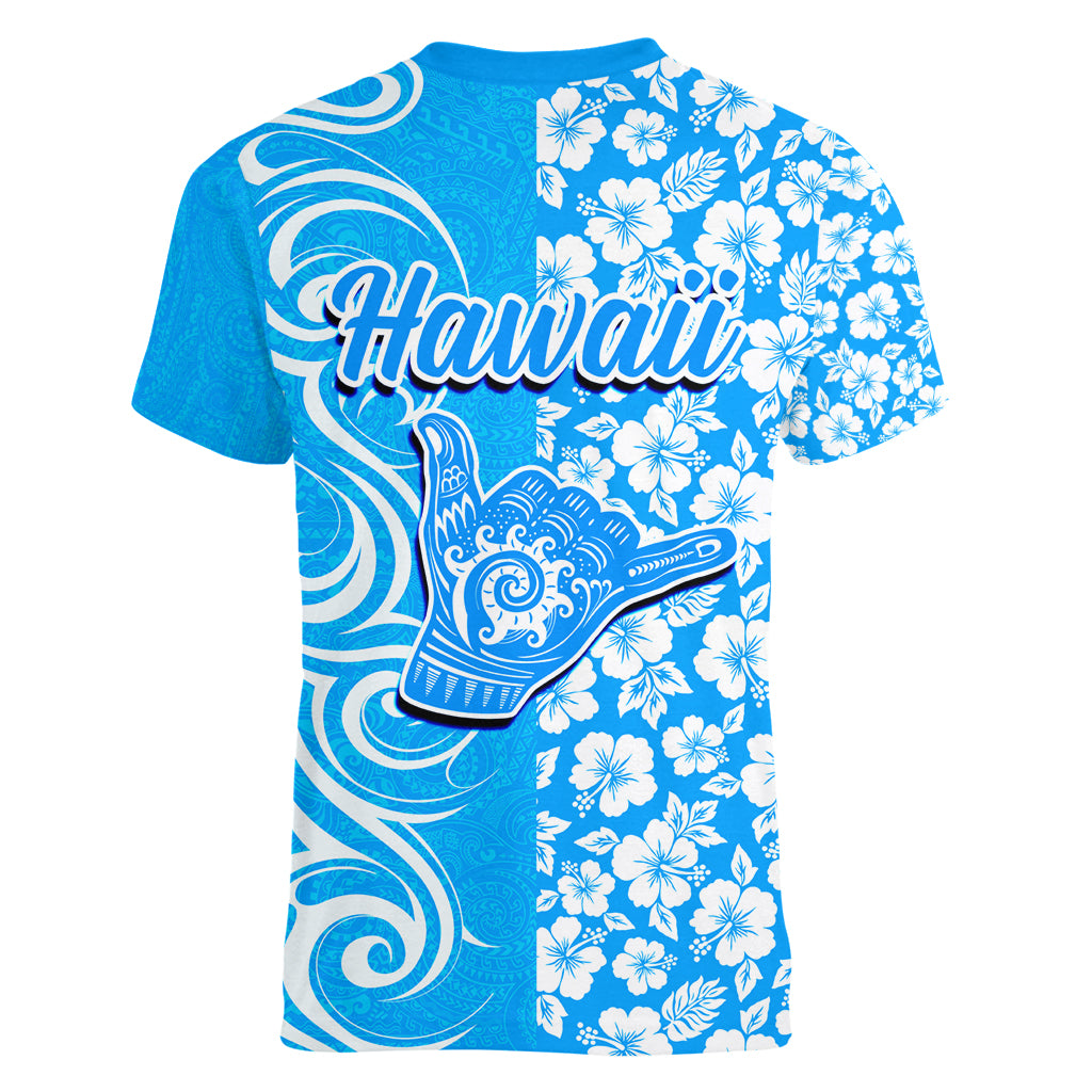 Hawaii Kauai Island Women V Neck T Shirt Hibiscus Pattern Seamless Tribal Simple Blue LT03 - Polynesian Pride