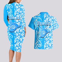 Custom Hawaii Kauai Island Couples Matching Long Sleeve Bodycon Dress and Hawaiian Shirt Hibiscus Pattern Seamless Tribal Simple Blue LT03 - Polynesian Pride