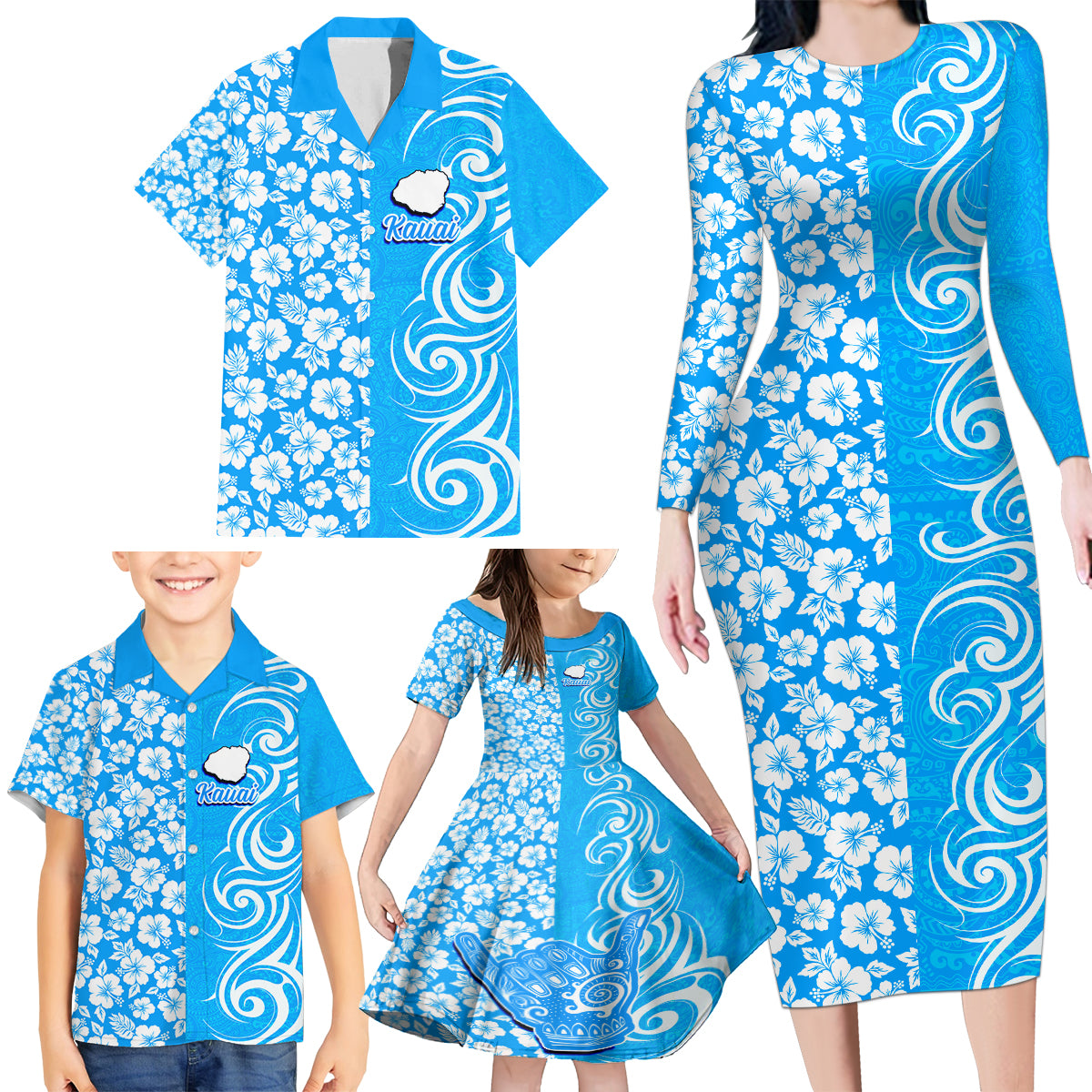 Custom Hawaii Kauai Island Family Matching Long Sleeve Bodycon Dress and Hawaiian Shirt Hibiscus Pattern Seamless Tribal Simple Blue LT03 - Polynesian Pride