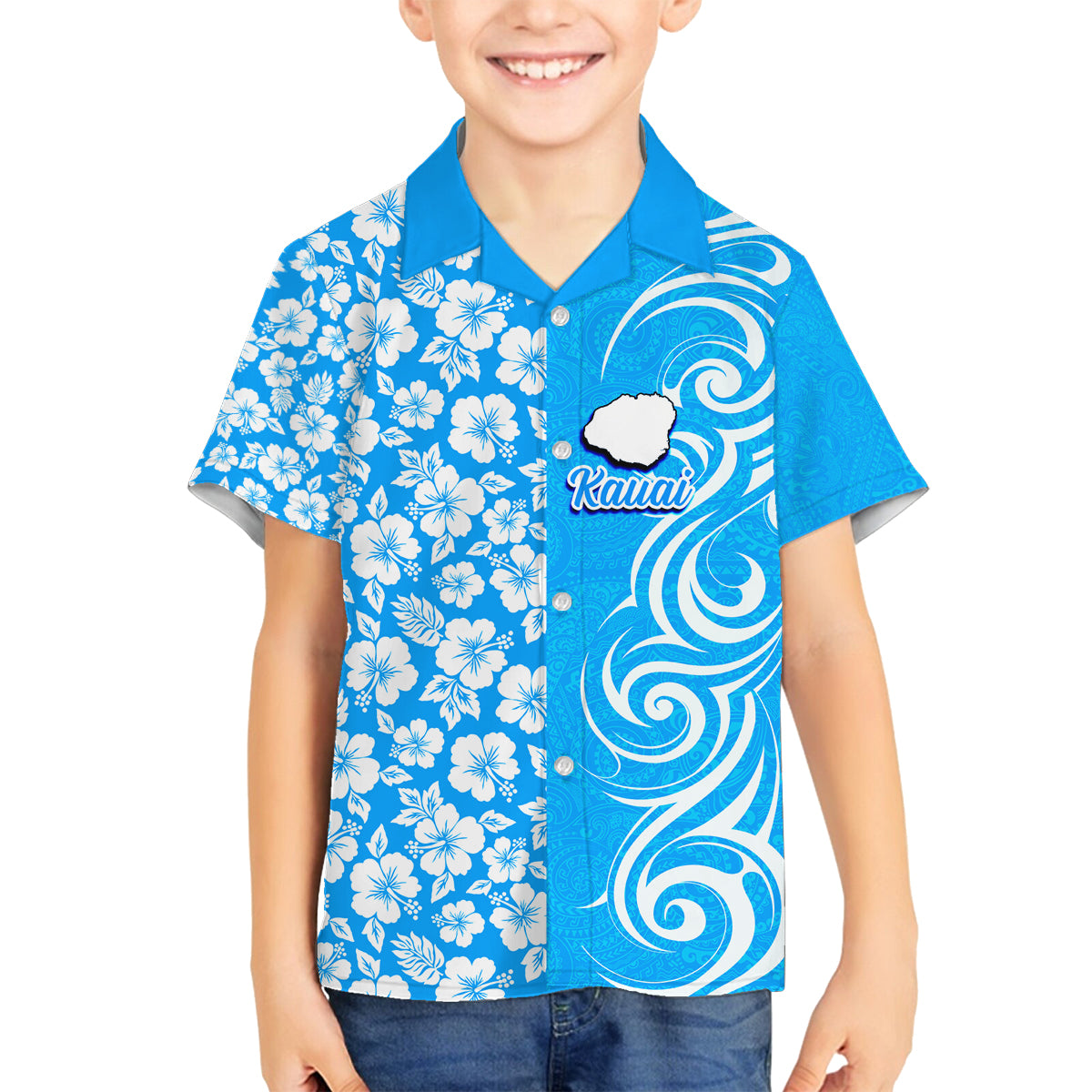 Custom Hawaii Kauai Island Family Matching Off Shoulder Long Sleeve Dress and Hawaiian Shirt Hibiscus Pattern Seamless Tribal Simple Blue LT03 Son's Shirt Blue - Polynesian Pride