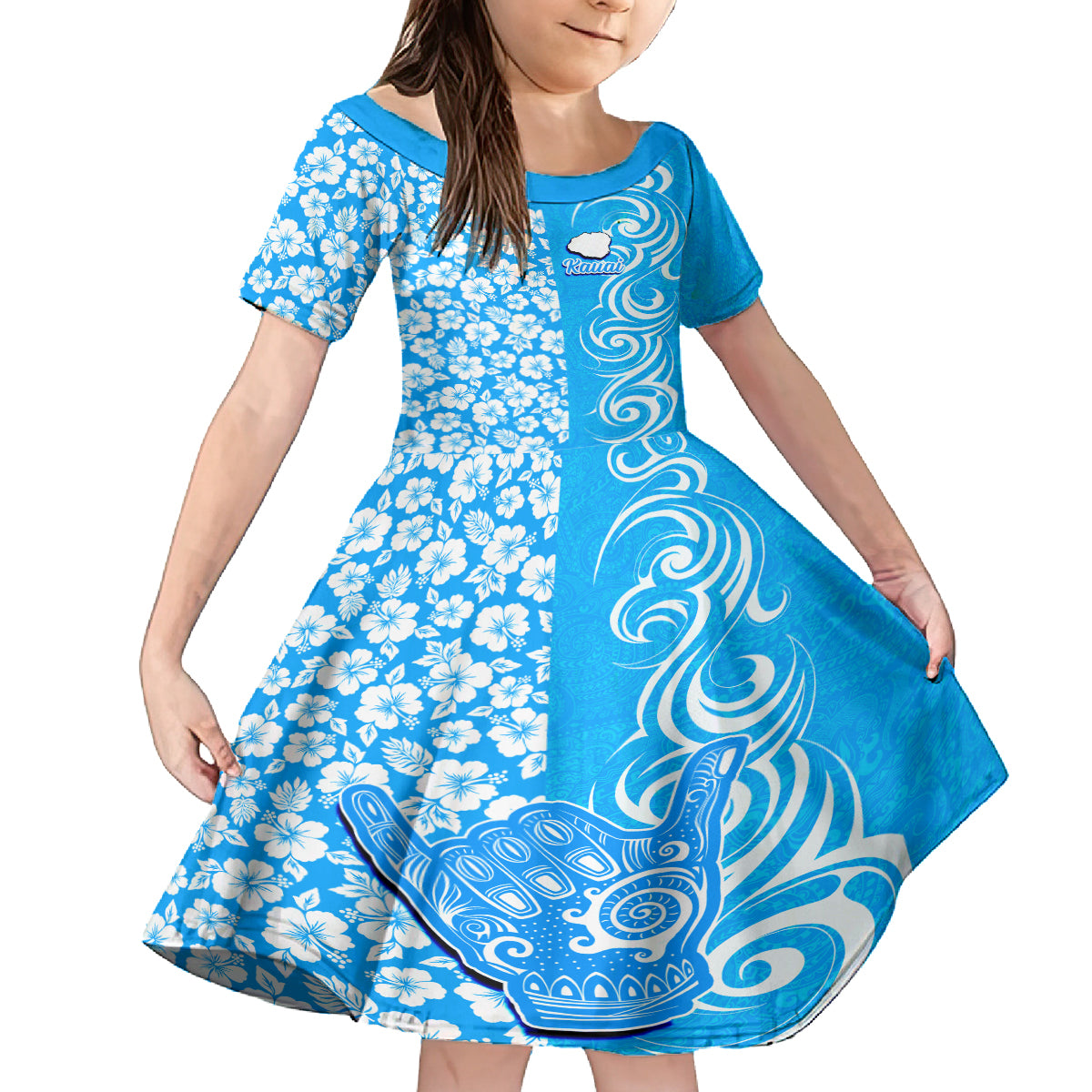 Custom Hawaii Kauai Island Kid Short Sleeve Dress Hibiscus Pattern Seamless Tribal Simple Blue LT03 KID Blue - Polynesian Pride