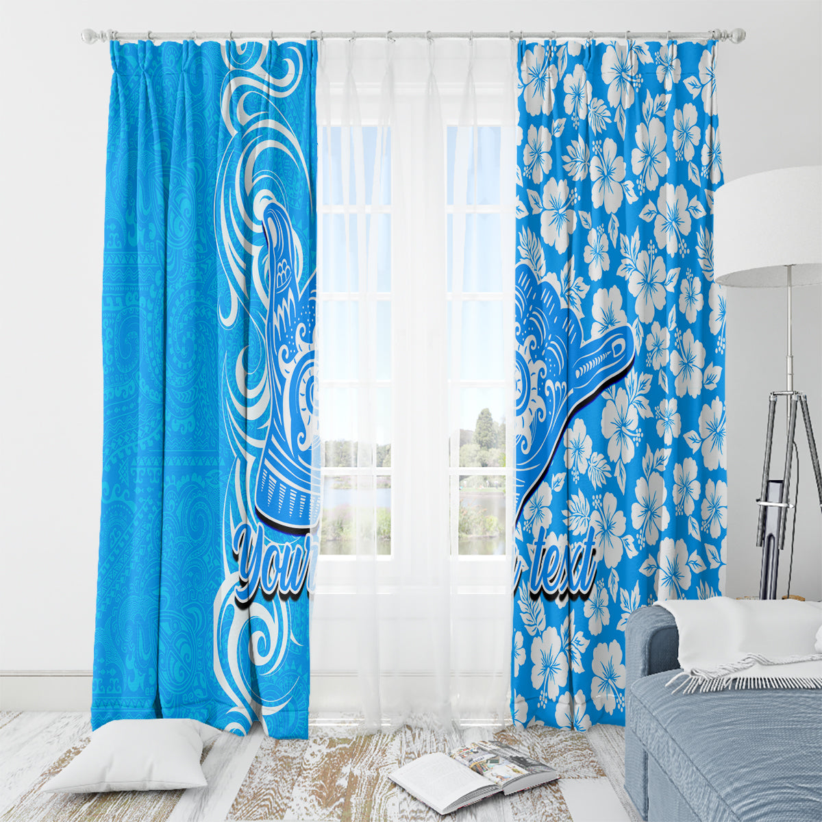 Custom Hawaii Kauai Island Window Curtain Hibiscus Pattern Seamless Tribal Simple Blue LT03 - Polynesian Pride