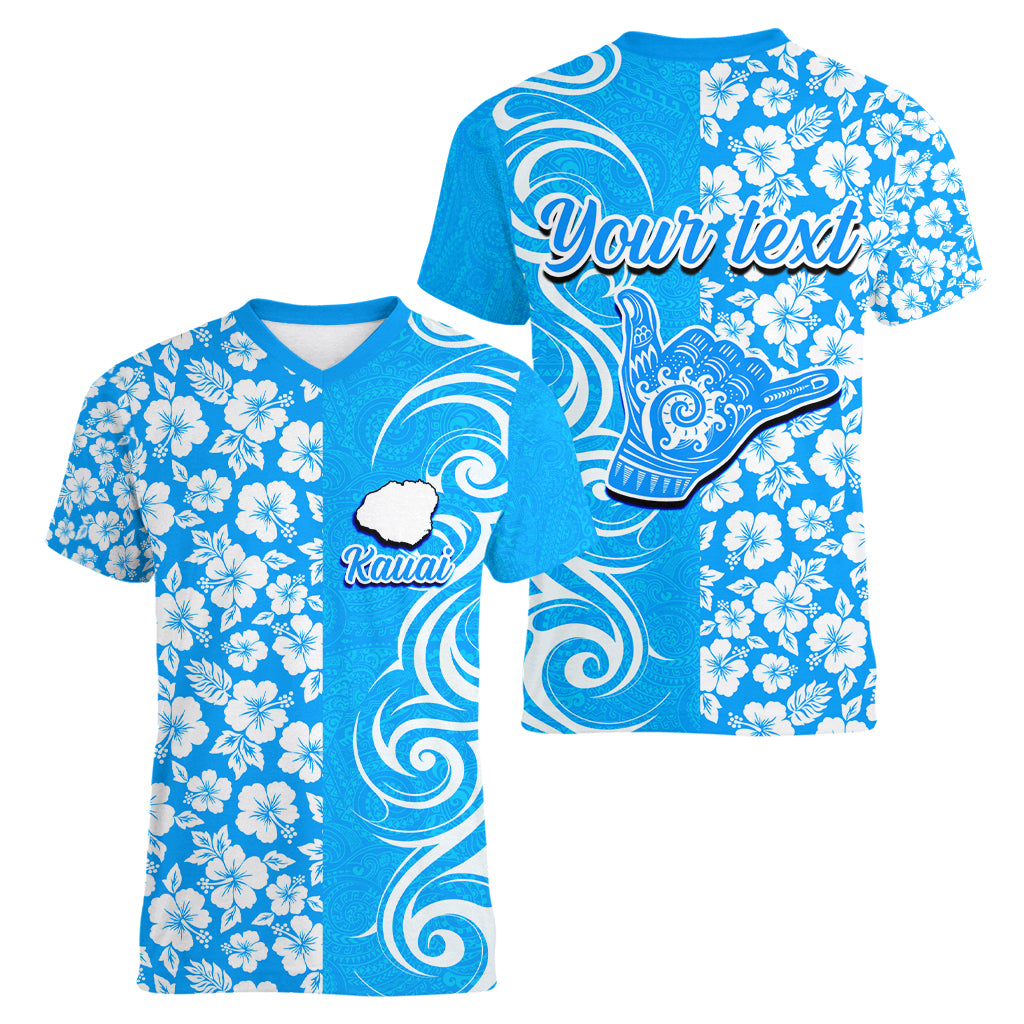 Custom Hawaii Kauai Island Women V Neck T Shirt Hibiscus Pattern Seamless Tribal Simple Blue LT03 - Polynesian Pride
