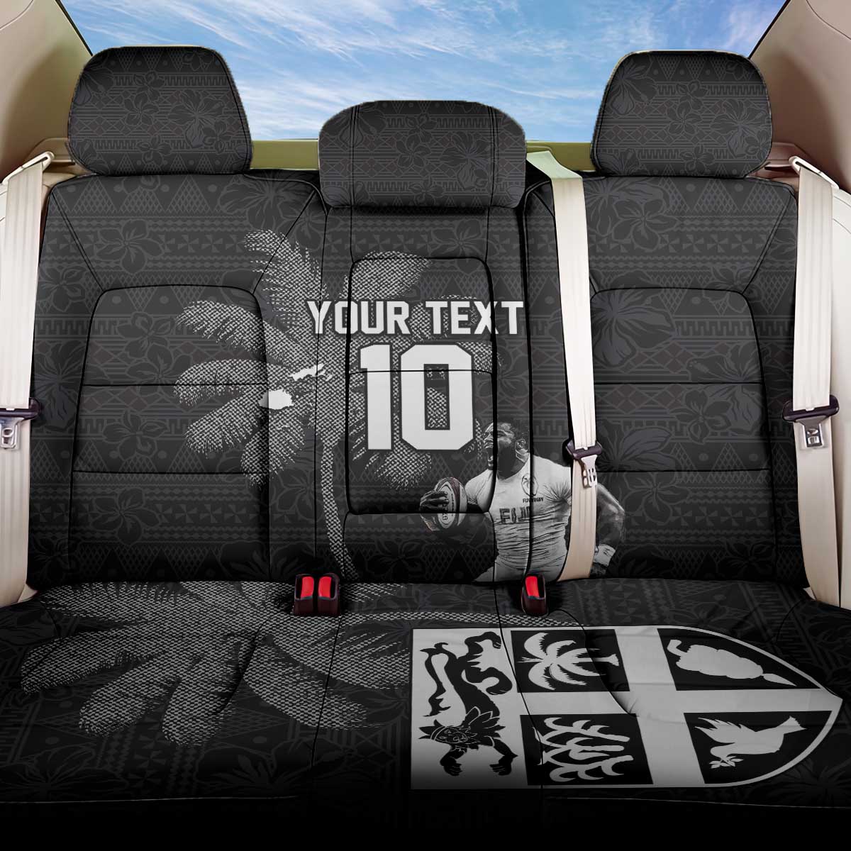 Custom Fiji Rugby Pacific Champions 2024 Back Car Seat Cover Anniversary 7 Titles - Fijians Rugby and Tapa Hibiscus Black Art