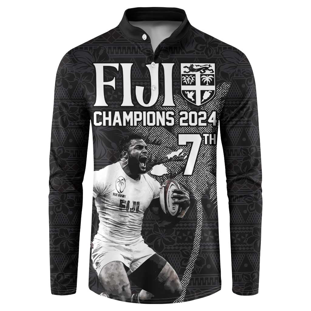 Custom Fiji Rugby Pacific Champions 2024 Button Sweatshirt Anniversary 7 Titles - Fijians Rugby and Tapa Hibiscus Black Art