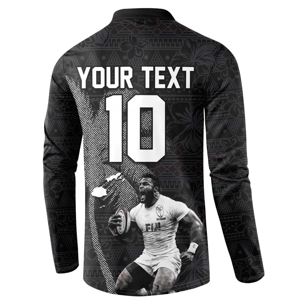 Custom Fiji Rugby Pacific Champions 2024 Button Sweatshirt Anniversary 7 Titles - Fijians Rugby and Tapa Hibiscus Black Art