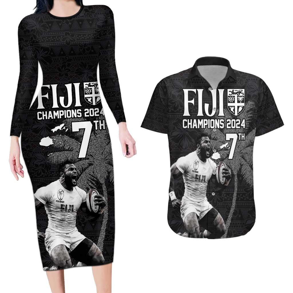 Custom Fiji Rugby Pacific Champions 2024 Couples Matching Long Sleeve Bodycon Dress and Hawaiian Shirt Anniversary 7 Titles - Fijians Rugby and Tapa Hibiscus Black Art