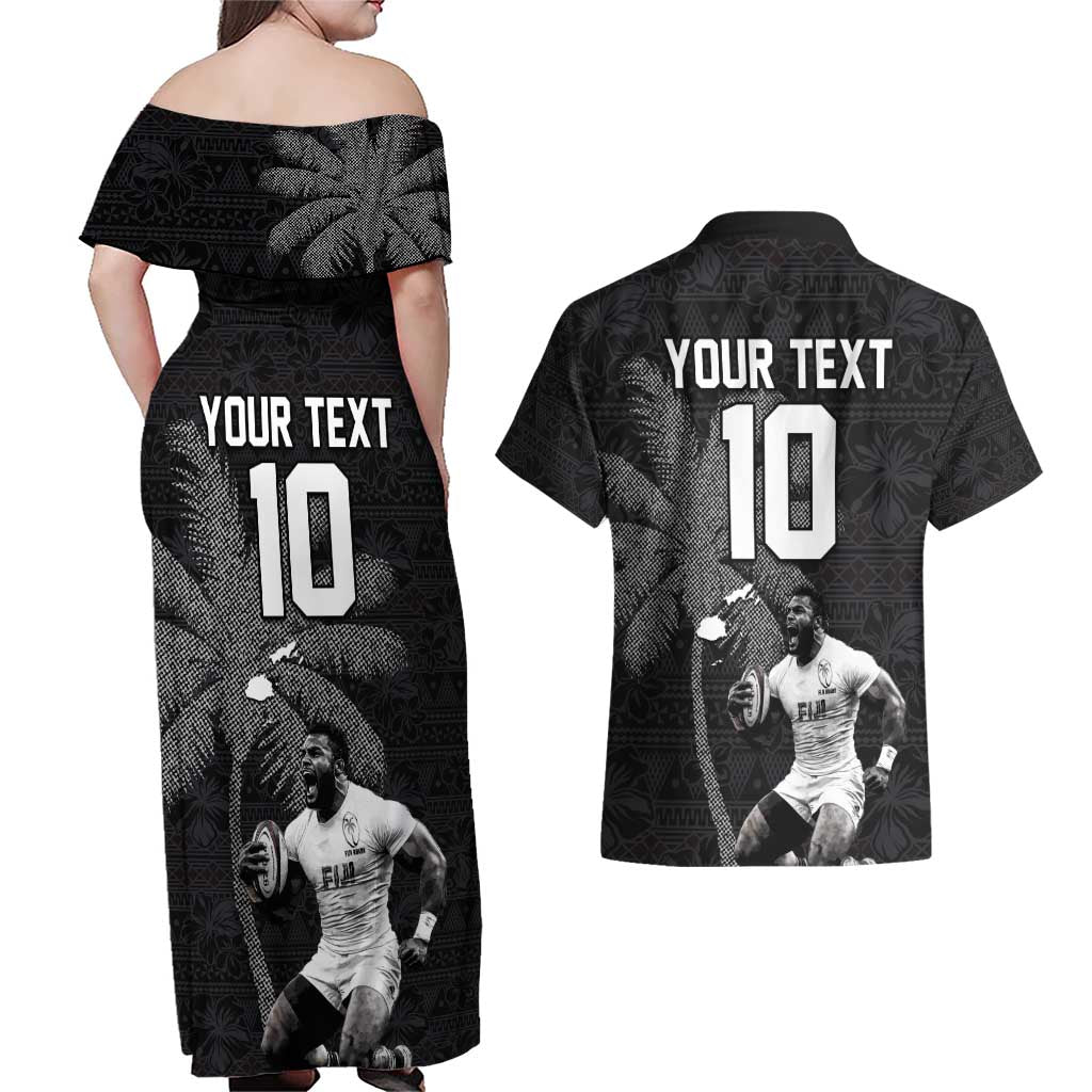 Custom Fiji Rugby Pacific Champions 2024 Couples Matching Off Shoulder Maxi Dress and Hawaiian Shirt Anniversary 7 Titles - Fijians Rugby and Tapa Hibiscus Black Art