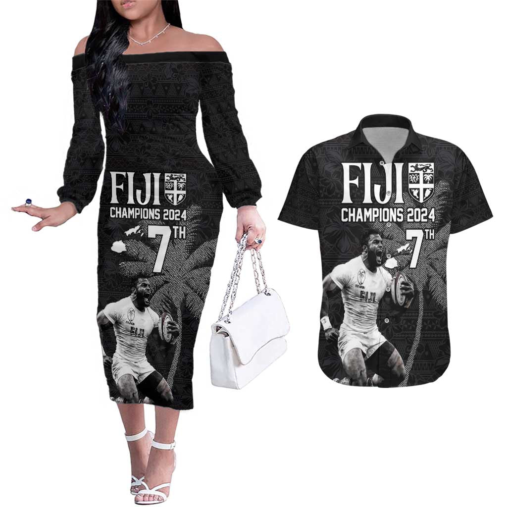 Custom Fiji Rugby Pacific Champions 2024 Couples Matching Off The Shoulder Long Sleeve Dress and Hawaiian Shirt Anniversary 7 Titles - Fijians Rugby and Tapa Hibiscus Black Art