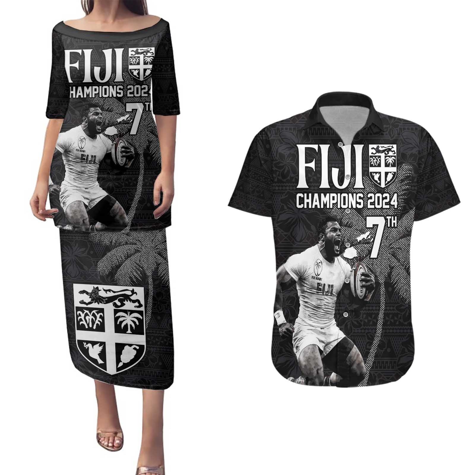 Custom Fiji Rugby Pacific Champions 2024 Couples Matching Puletasi and Hawaiian Shirt Anniversary 7 Titles - Fijians Rugby and Tapa Hibiscus Black Art LT03 Black - Polynesian Pride