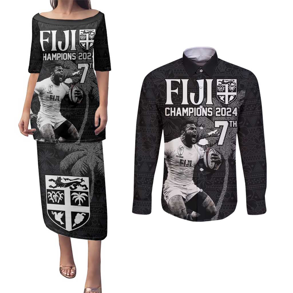 Custom Fiji Rugby Pacific Champions 2024 Couples Matching Puletasi and Long Sleeve Button Shirt Anniversary 7 Titles - Fijians Rugby and Tapa Hibiscus Black Art