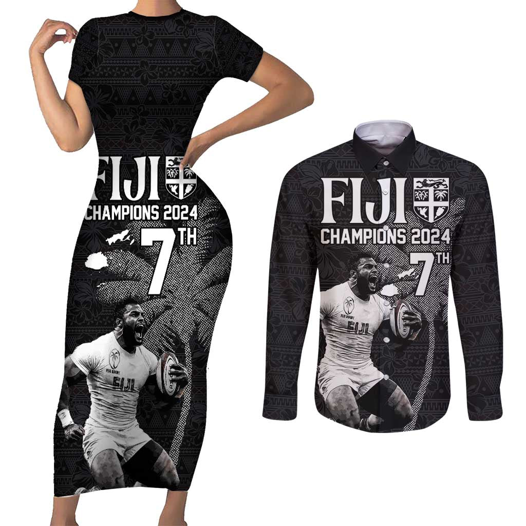 Custom Fiji Rugby Pacific Champions 2024 Couples Matching Short Sleeve Bodycon Dress and Long Sleeve Button Shirt Anniversary 7 Titles - Fijians Rugby and Tapa Hibiscus Black Art