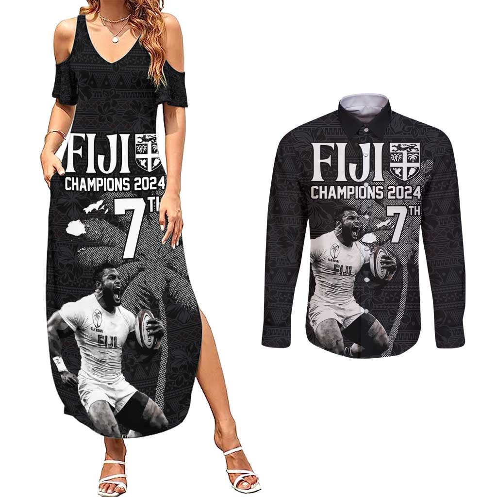 Custom Fiji Rugby Pacific Champions 2024 Couples Matching Summer Maxi Dress and Long Sleeve Button Shirt Anniversary 7 Titles - Fijians Rugby and Tapa Hibiscus Black Art