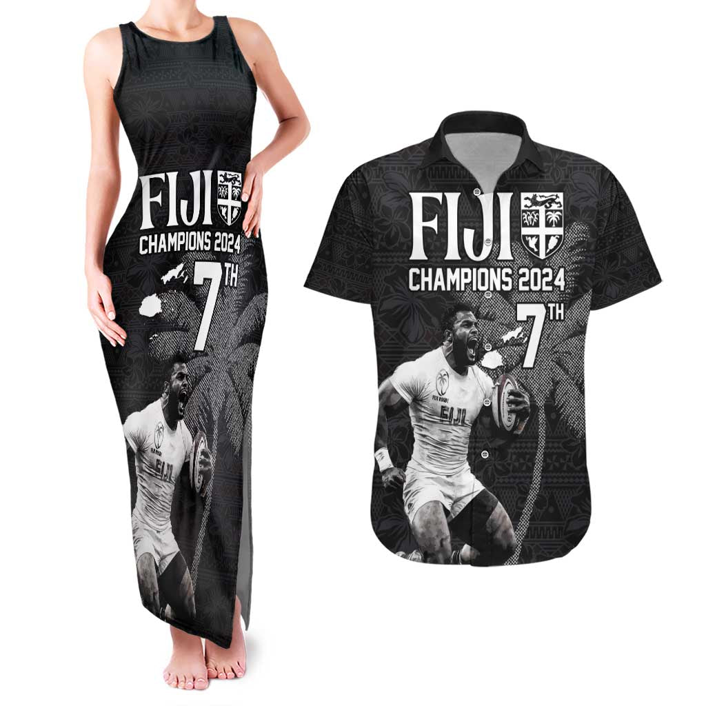 Custom Fiji Rugby Pacific Champions 2024 Couples Matching Tank Maxi Dress and Hawaiian Shirt Anniversary 7 Titles - Fijians Rugby and Tapa Hibiscus Black Art