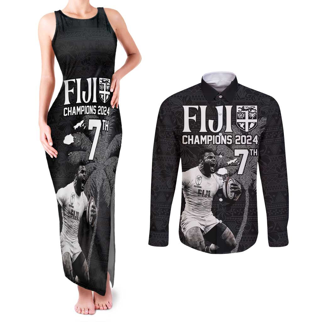 Custom Fiji Rugby Pacific Champions 2024 Couples Matching Tank Maxi Dress and Long Sleeve Button Shirt Anniversary 7 Titles - Fijians Rugby and Tapa Hibiscus Black Art