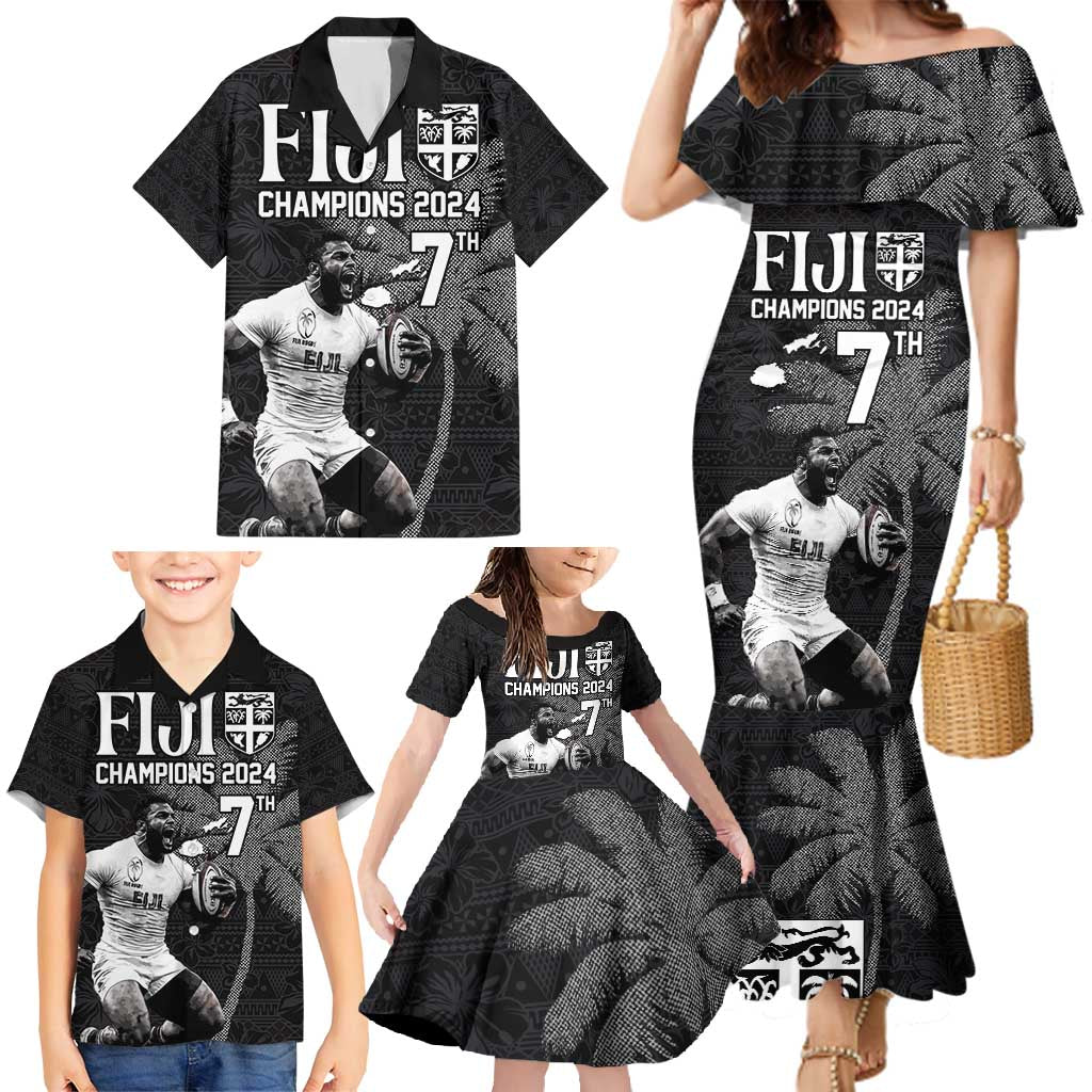 Custom Fiji Rugby Pacific Champions 2024 Family Matching Mermaid Dress and Hawaiian Shirt Anniversary 7 Titles - Fijians Rugby and Tapa Hibiscus Black Art