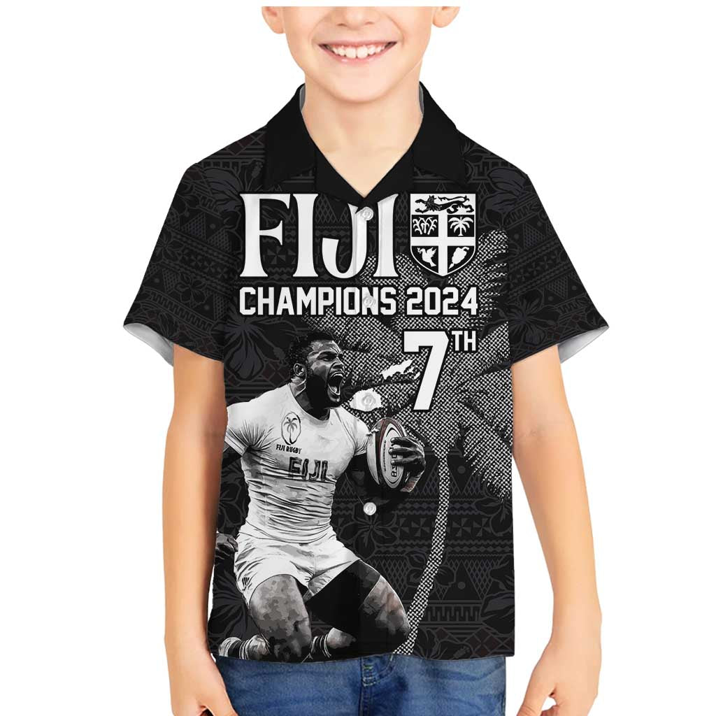 Custom Fiji Rugby Pacific Champions 2024 Family Matching Mermaid Dress and Hawaiian Shirt Anniversary 7 Titles - Fijians Rugby and Tapa Hibiscus Black Art