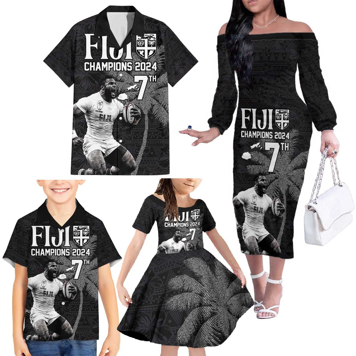 Custom Fiji Rugby Pacific Champions 2024 Family Matching Off The Shoulder Long Sleeve Dress and Hawaiian Shirt Anniversary 7 Titles - Fijians Rugby and Tapa Hibiscus Black Art