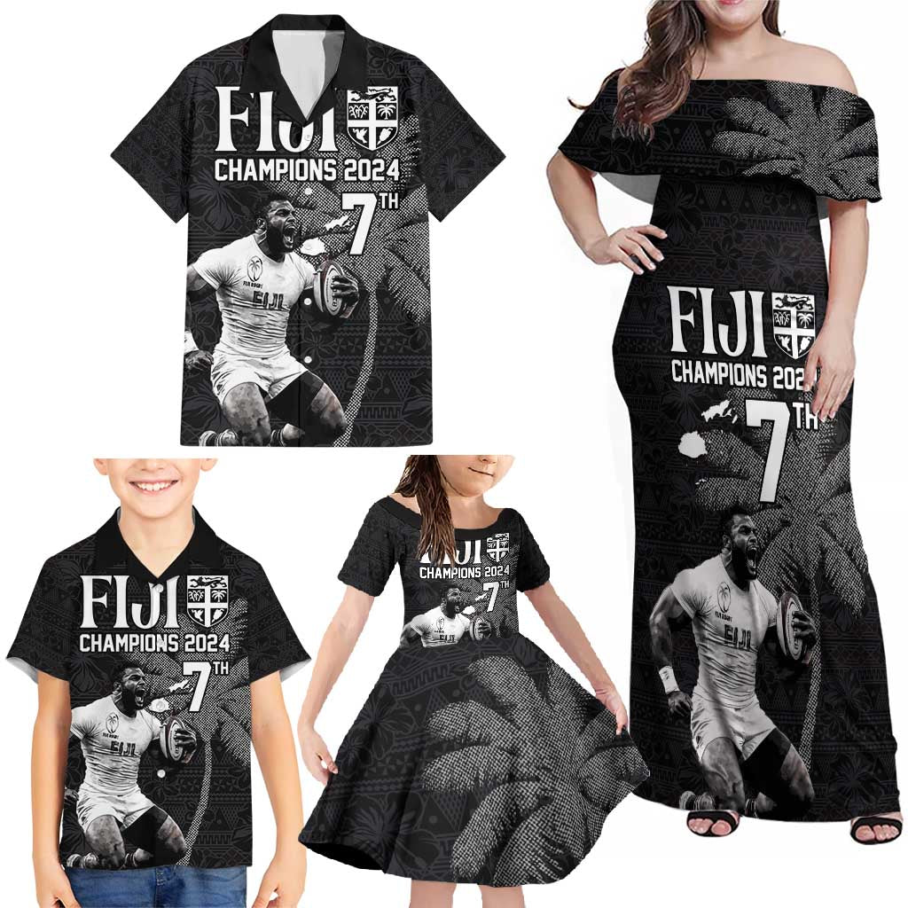 Custom Fiji Rugby Pacific Champions 2024 Family Matching Off Shoulder Maxi Dress and Hawaiian Shirt Anniversary 7 Titles - Fijians Rugby and Tapa Hibiscus Black Art