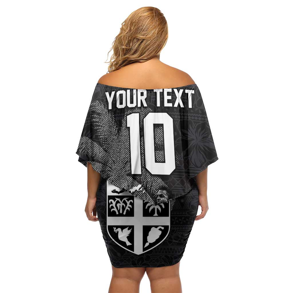 Custom Fiji Rugby Pacific Champions 2024 Family Matching Off Shoulder Short Dress and Hawaiian Shirt Anniversary 7 Titles - Fijians Rugby and Tapa Hibiscus Black Art