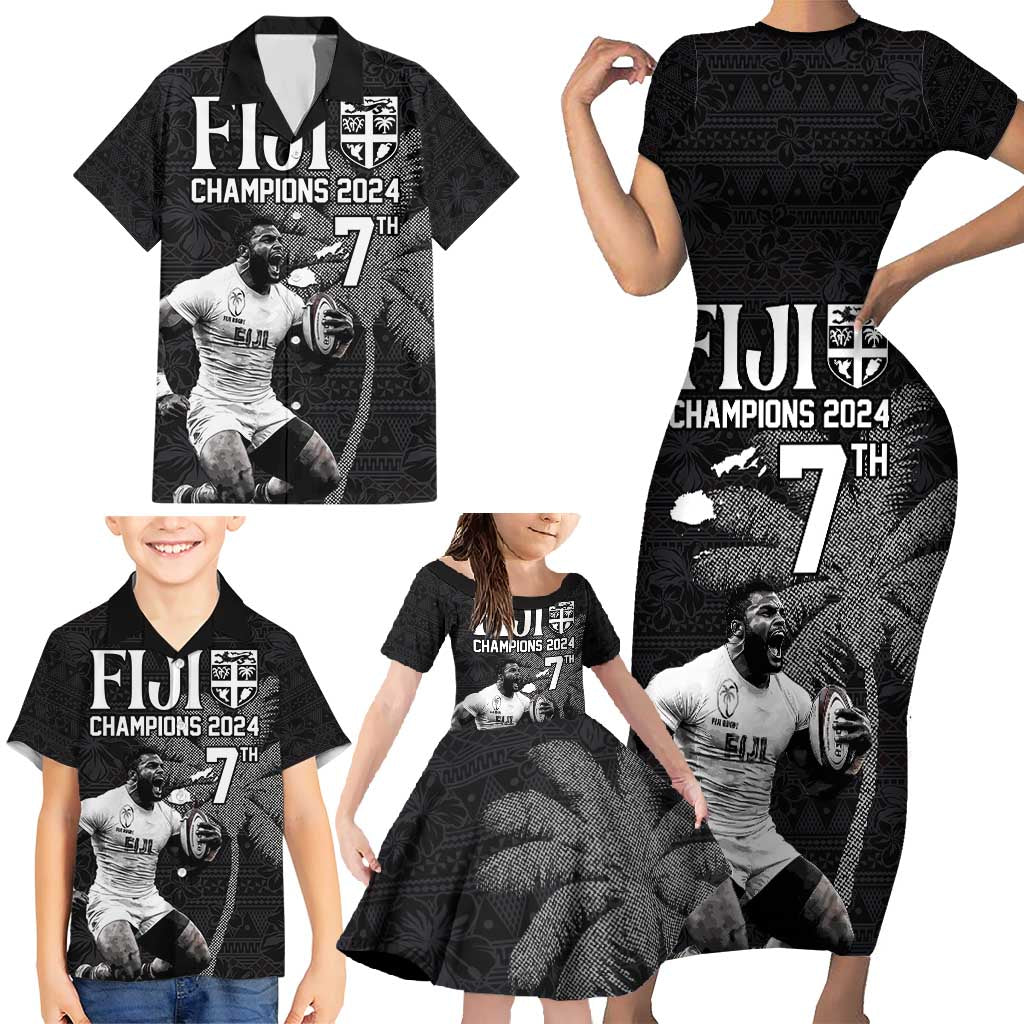 Custom Fiji Rugby Pacific Champions 2024 Family Matching Short Sleeve Bodycon Dress and Hawaiian Shirt Anniversary 7 Titles - Fijians Rugby and Tapa Hibiscus Black Art