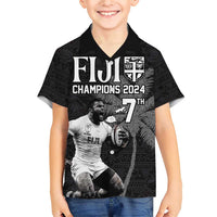 Custom Fiji Rugby Pacific Champions 2024 Family Matching Short Sleeve Bodycon Dress and Hawaiian Shirt Anniversary 7 Titles - Fijians Rugby and Tapa Hibiscus Black Art