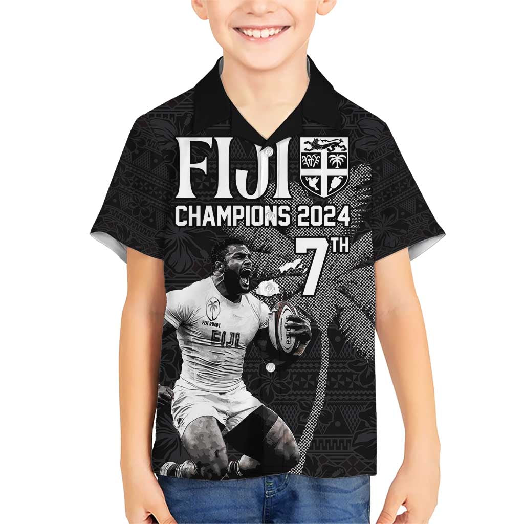 Custom Fiji Rugby Pacific Champions 2024 Kid Hawaiian Shirt Anniversary 7 Titles - Fijians Rugby and Tapa Hibiscus Black Art