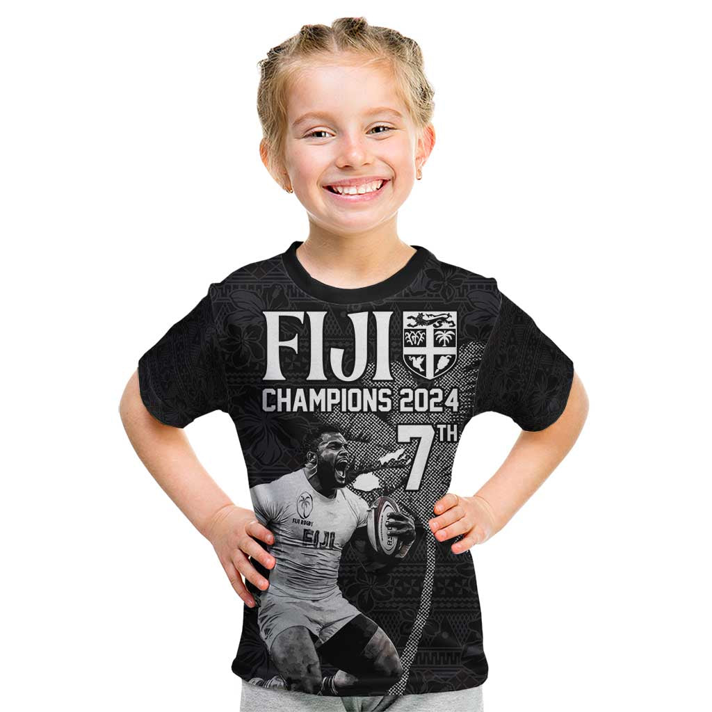 Custom Fiji Rugby Pacific Champions 2024 Kid T Shirt Anniversary 7 Titles - Fijians Rugby and Tapa Hibiscus Black Art