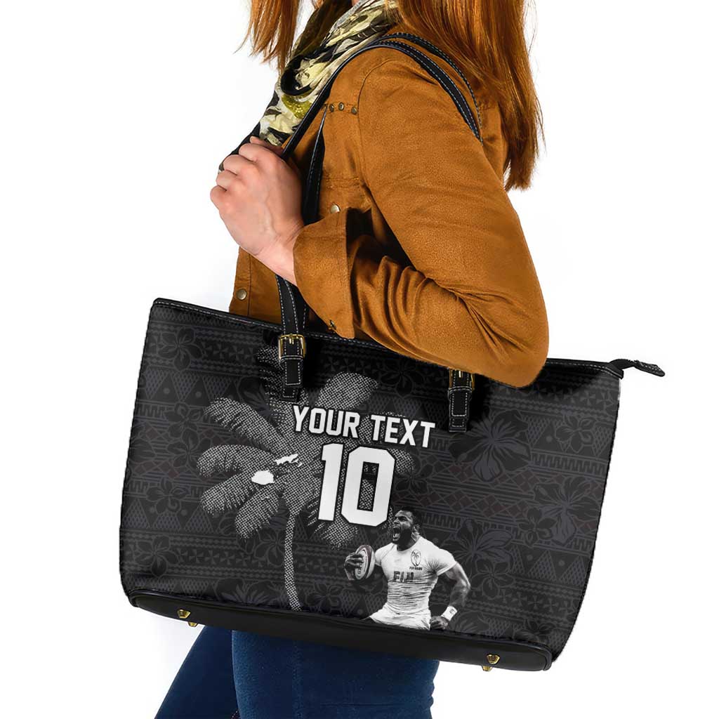 Custom Fiji Rugby Pacific Champions 2024 Leather Tote Bag Anniversary 7 Titles - Fijians Rugby and Tapa Hibiscus Black Art LT03 Black - Polynesian Pride