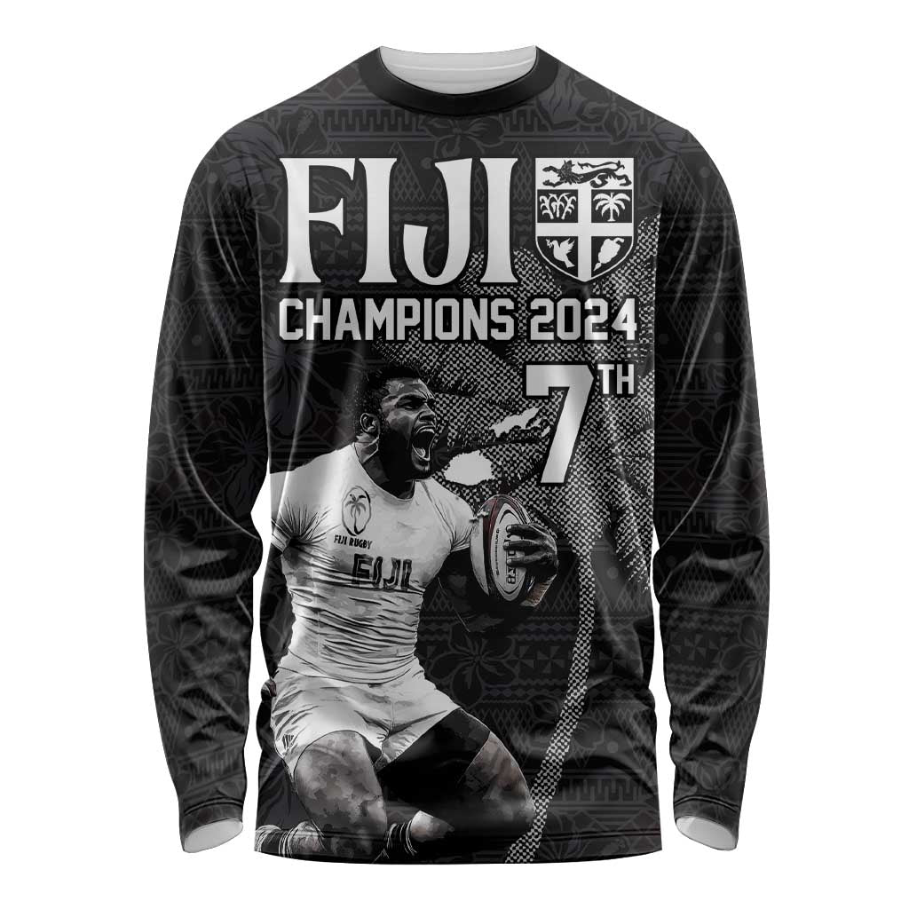 Custom Fiji Rugby Pacific Champions 2024 Long Sleeve Shirt Anniversary 7 Titles - Fijians Rugby and Tapa Hibiscus Black Art