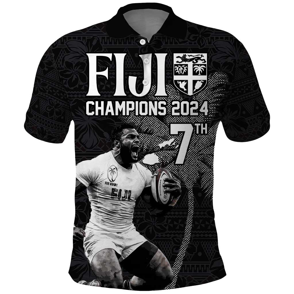 Custom Fiji Rugby Pacific Champions 2024 Polo Shirt Anniversary 7 Titles - Fijians Rugby and Tapa Hibiscus Black Art