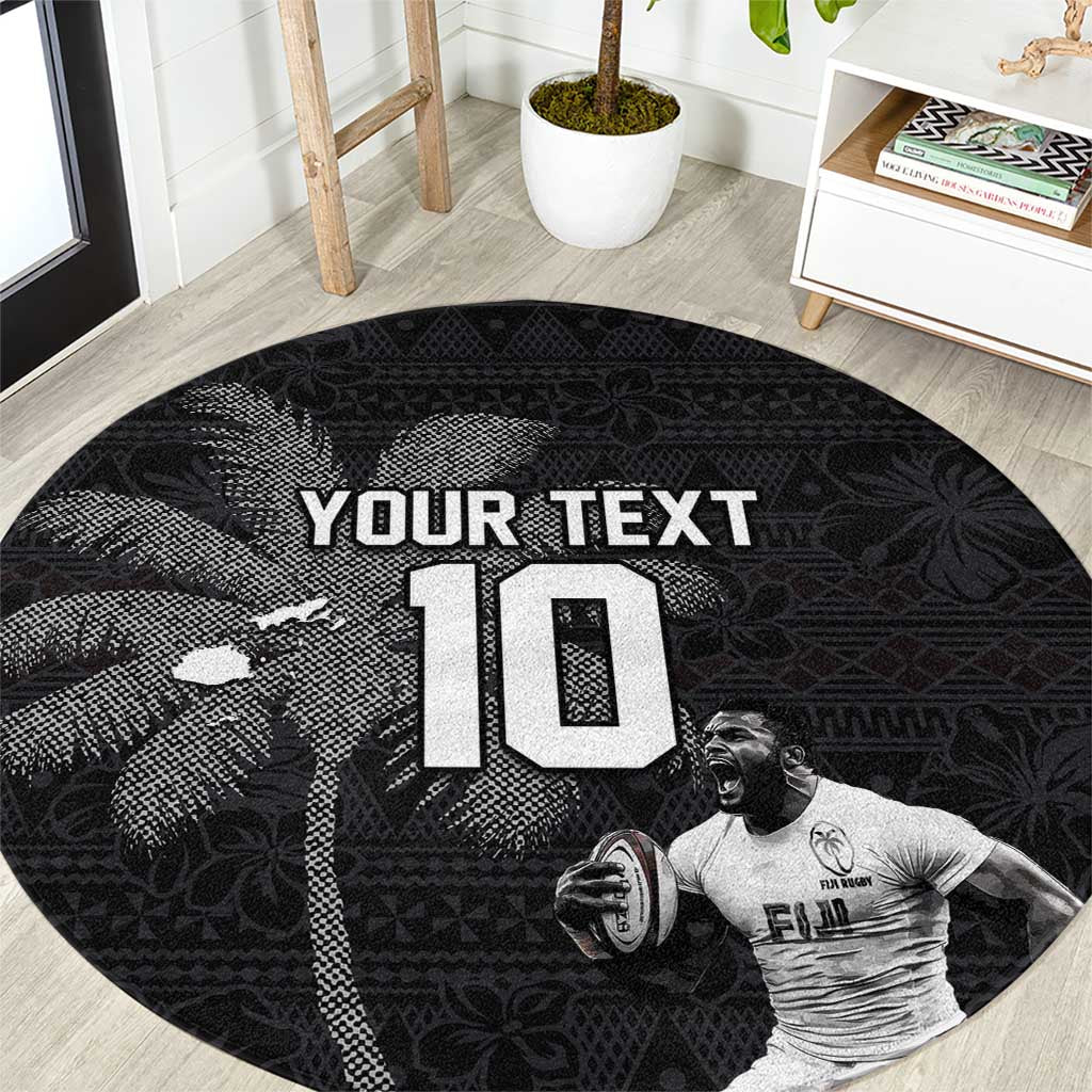 Custom Fiji Rugby Pacific Champions 2024 Round Carpet Anniversary 7 Titles - Fijians Rugby and Tapa Hibiscus Black Art