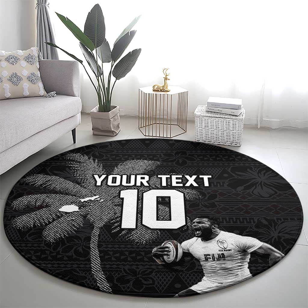 Custom Fiji Rugby Pacific Champions 2024 Round Carpet Anniversary 7 Titles - Fijians Rugby and Tapa Hibiscus Black Art