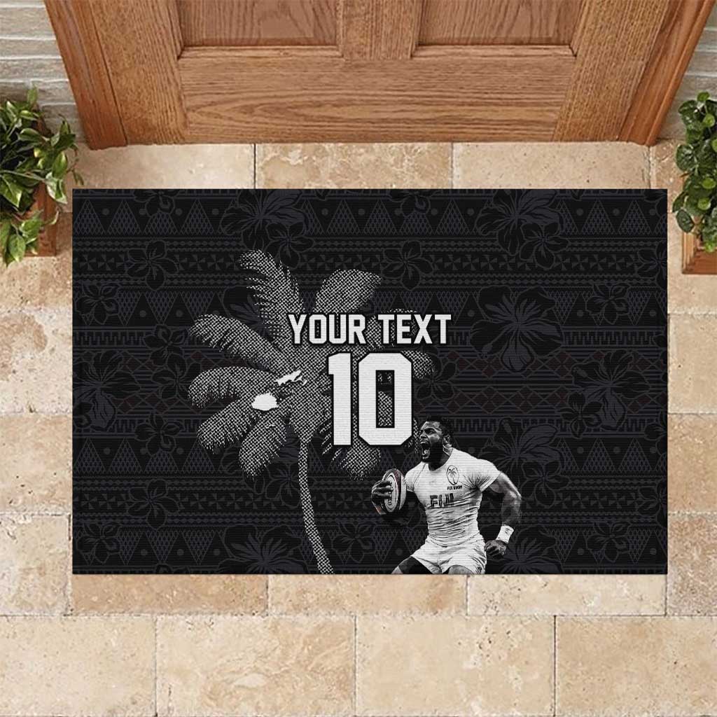 Custom Fiji Rugby Pacific Champions 2024 Rubber Doormat Anniversary 7 Titles - Fijians Rugby and Tapa Hibiscus Black Art LT03 Black - Polynesian Pride