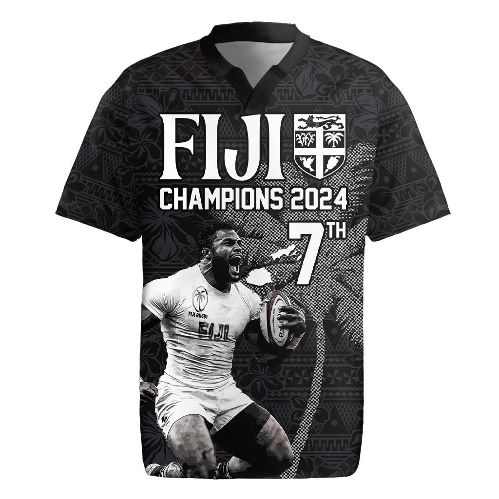 Custom Fiji Rugby Pacific Champions 2024 Rugby Jersey Anniversary 7 Titles - Fijians Rugby and Tapa Hibiscus Black Art