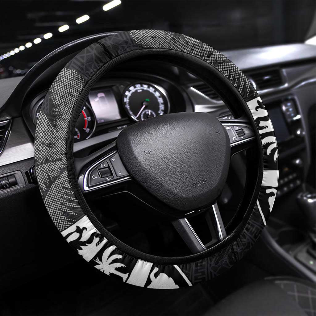 Fiji Rugby Pacific Champions 2024 Steering Wheel Cover Anniversary 7 Titles - Fijians Rugby and Tapa Hibiscus Black Art