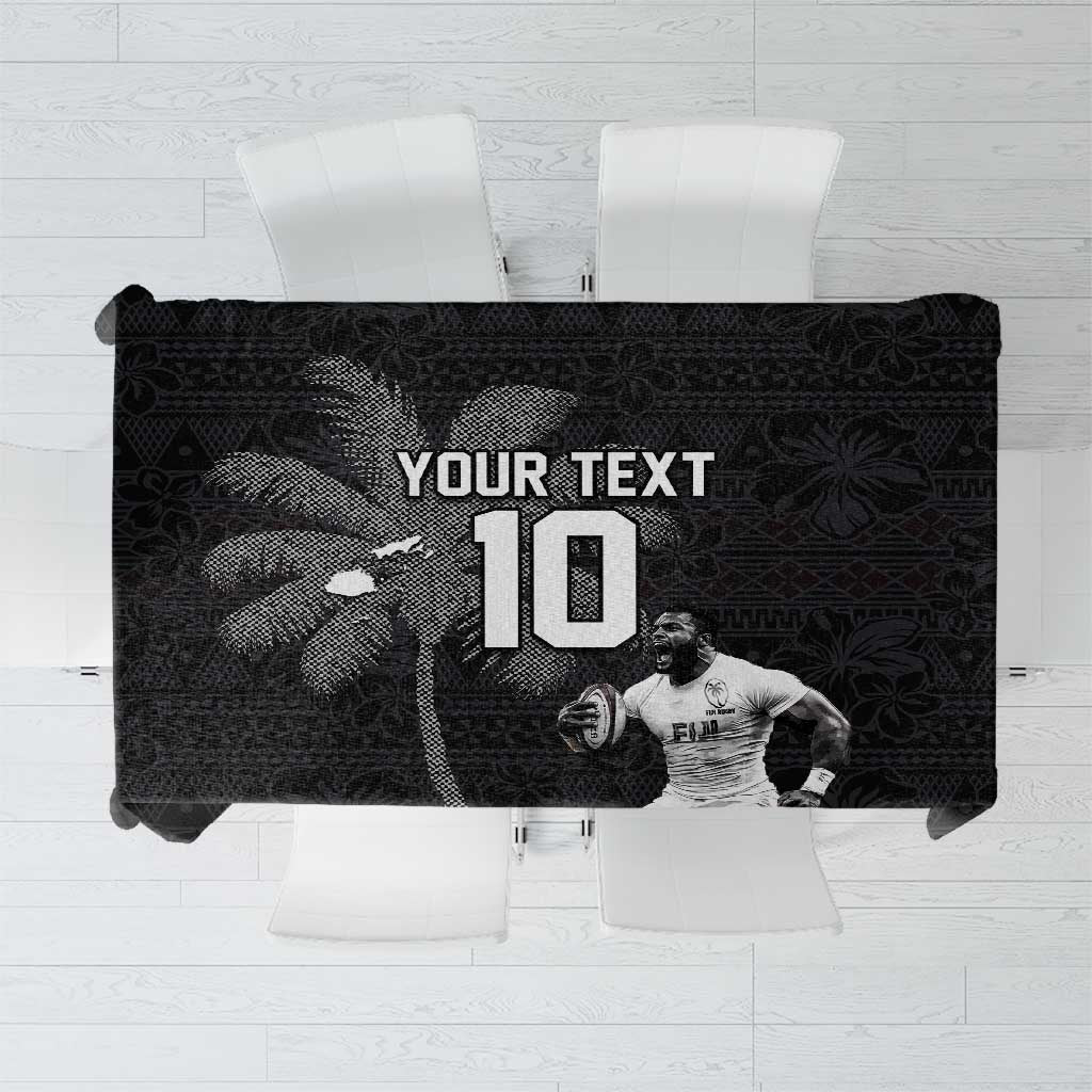 Custom Fiji Rugby Pacific Champions 2024 Tablecloth Anniversary 7 Titles - Fijians Rugby and Tapa Hibiscus Black Art LT03 Black - Polynesian Pride