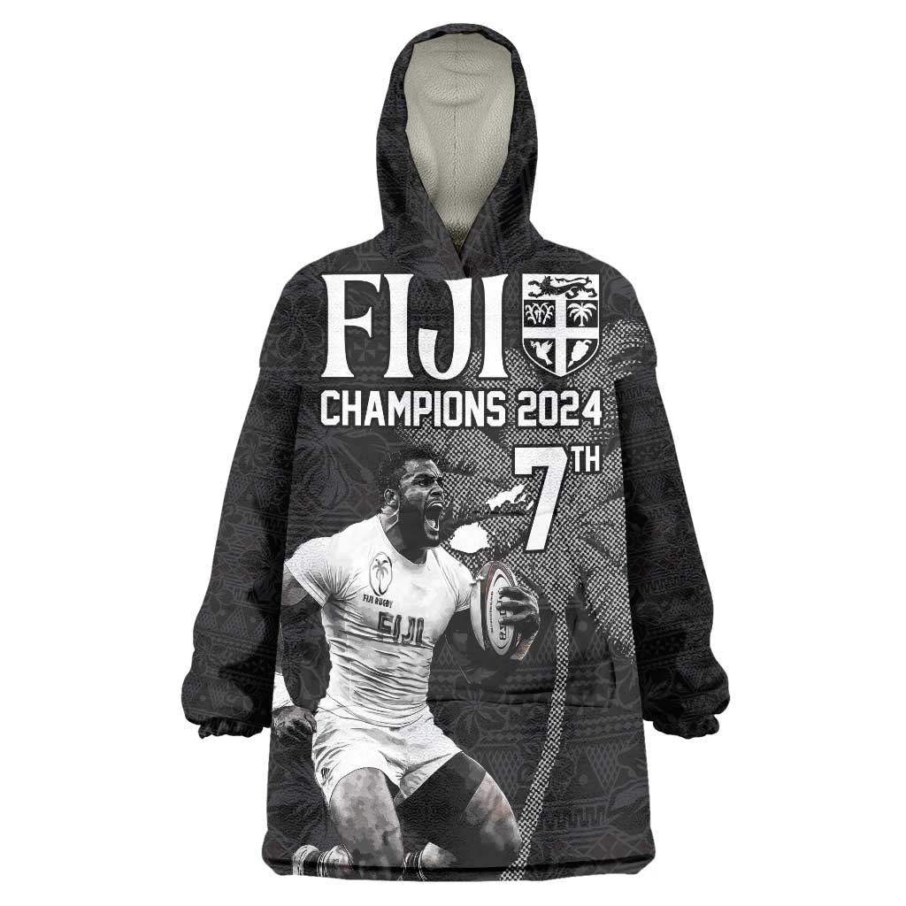 Custom Fiji Rugby Pacific Champions 2024 Wearable Blanket Hoodie Anniversary 7 Titles - Fijians Rugby and Tapa Hibiscus Black Art